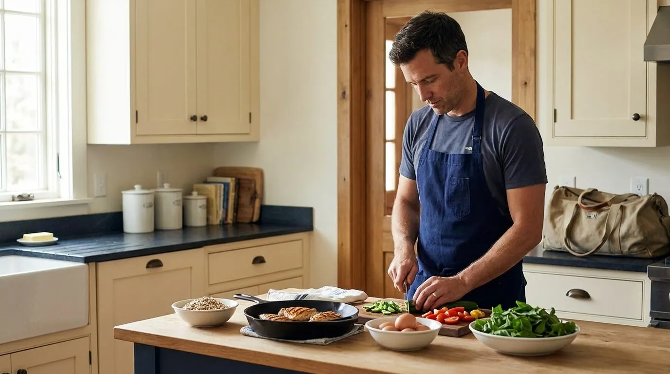 Editorial photo of a man preparing a high-protein meal in a home kitchen with gym bag by the door