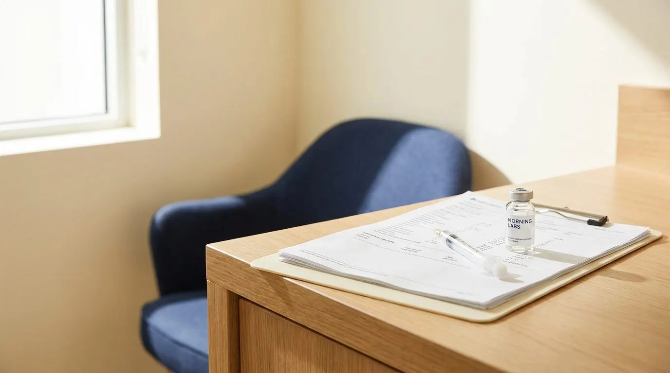 Editorial photo of a vial and syringe on a clinic counter beside printed morning lab results
