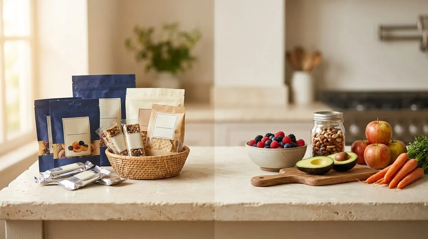 Editorial split scene contrasting packaged snack foods with whole foods on a counter