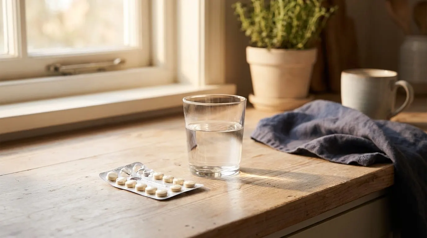 Editorial photo of a tablet blister pack beside a glass of water on a kitchen counter at dawn