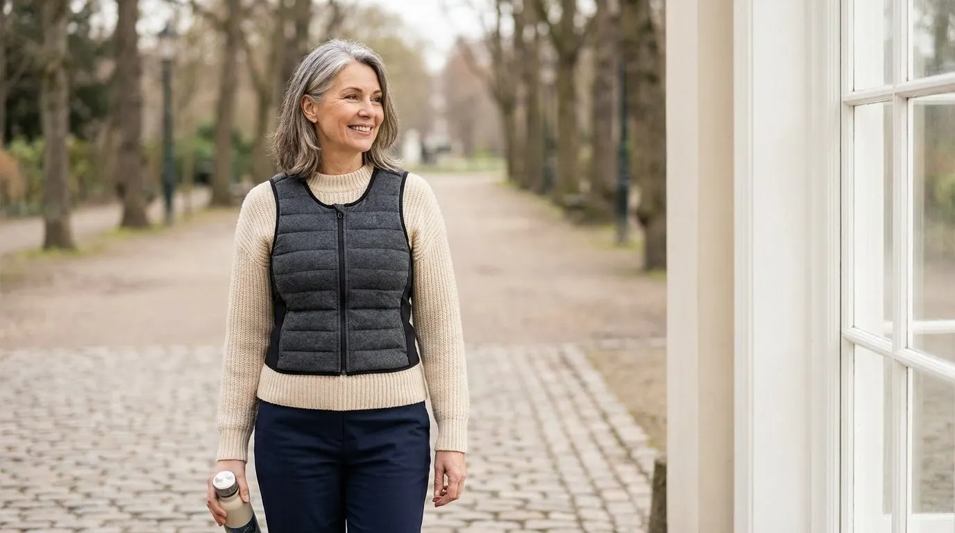 Editorial photo of a woman in her fifties walking outdoors wearing a fitted weighted vest