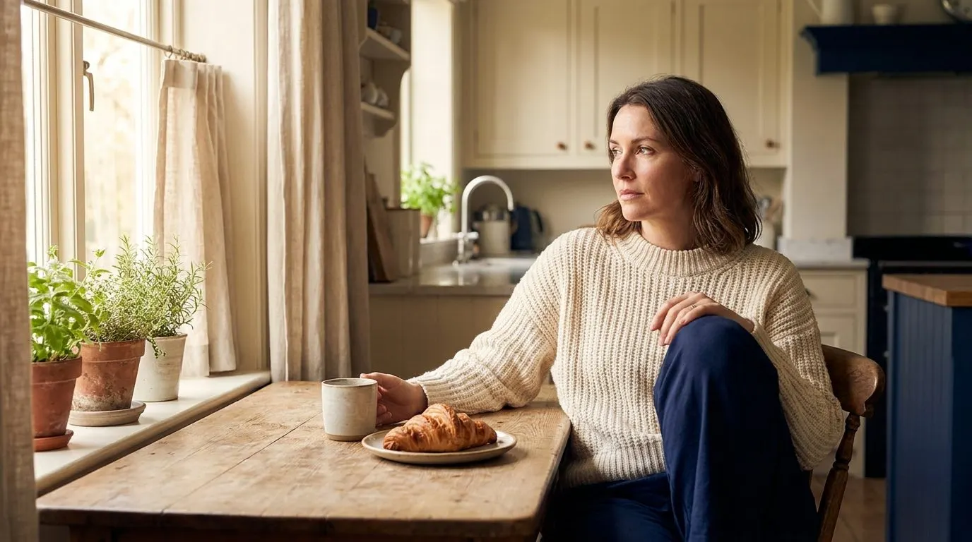 Editorial photo of a woman sitting at a kitchen table looking past an untouched pastry toward the window
