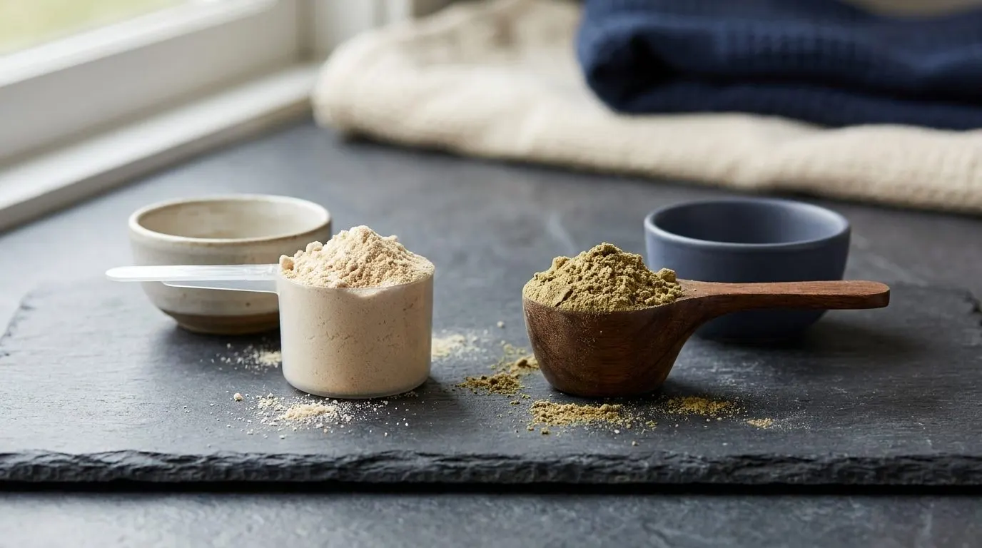 Editorial side-by-side of a whey protein scoop and a plant protein scoop on a slate surface