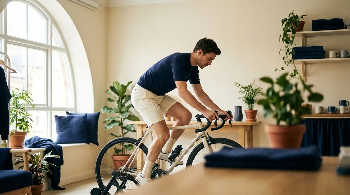 Editorial photo of a cyclist riding at a steady controlled pace on an indoor trainer near a window