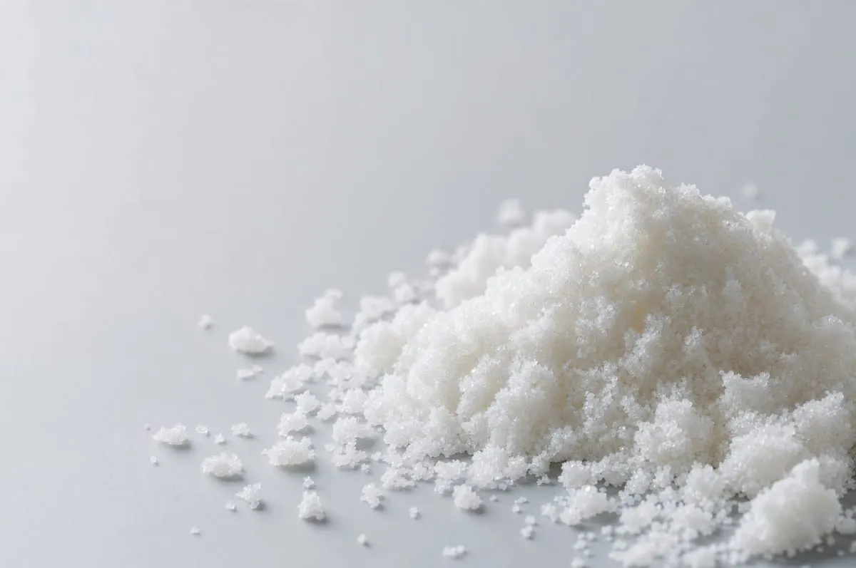 Fine white crystalline creatine powder in macro