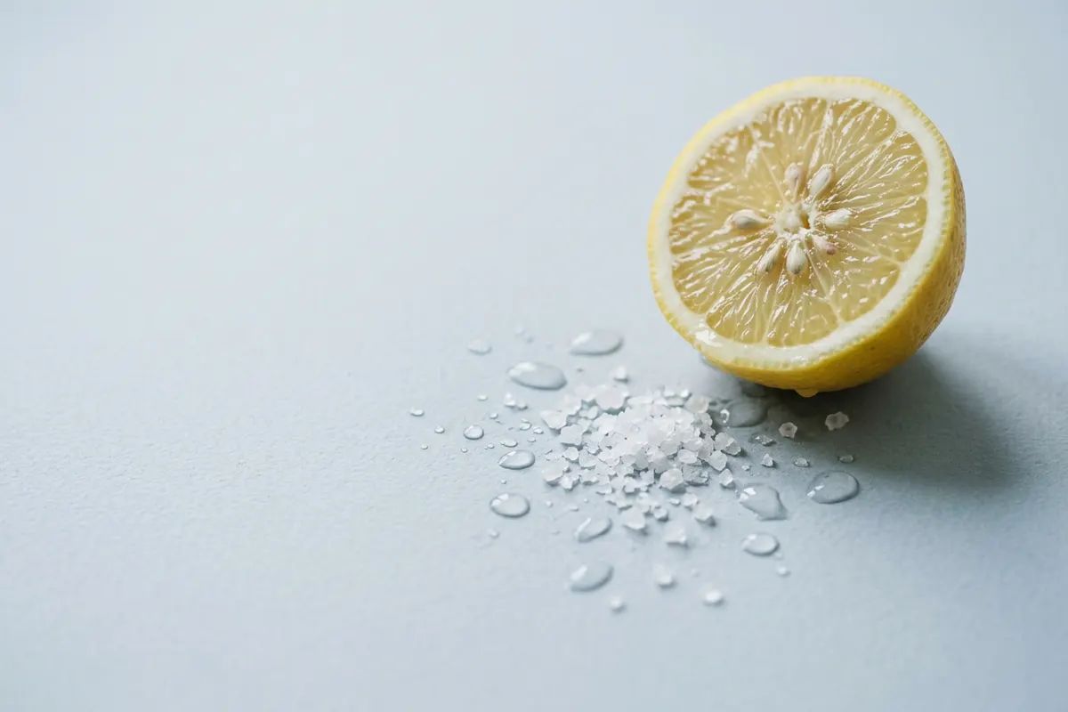 Water droplets and sea salt beside half a lemon