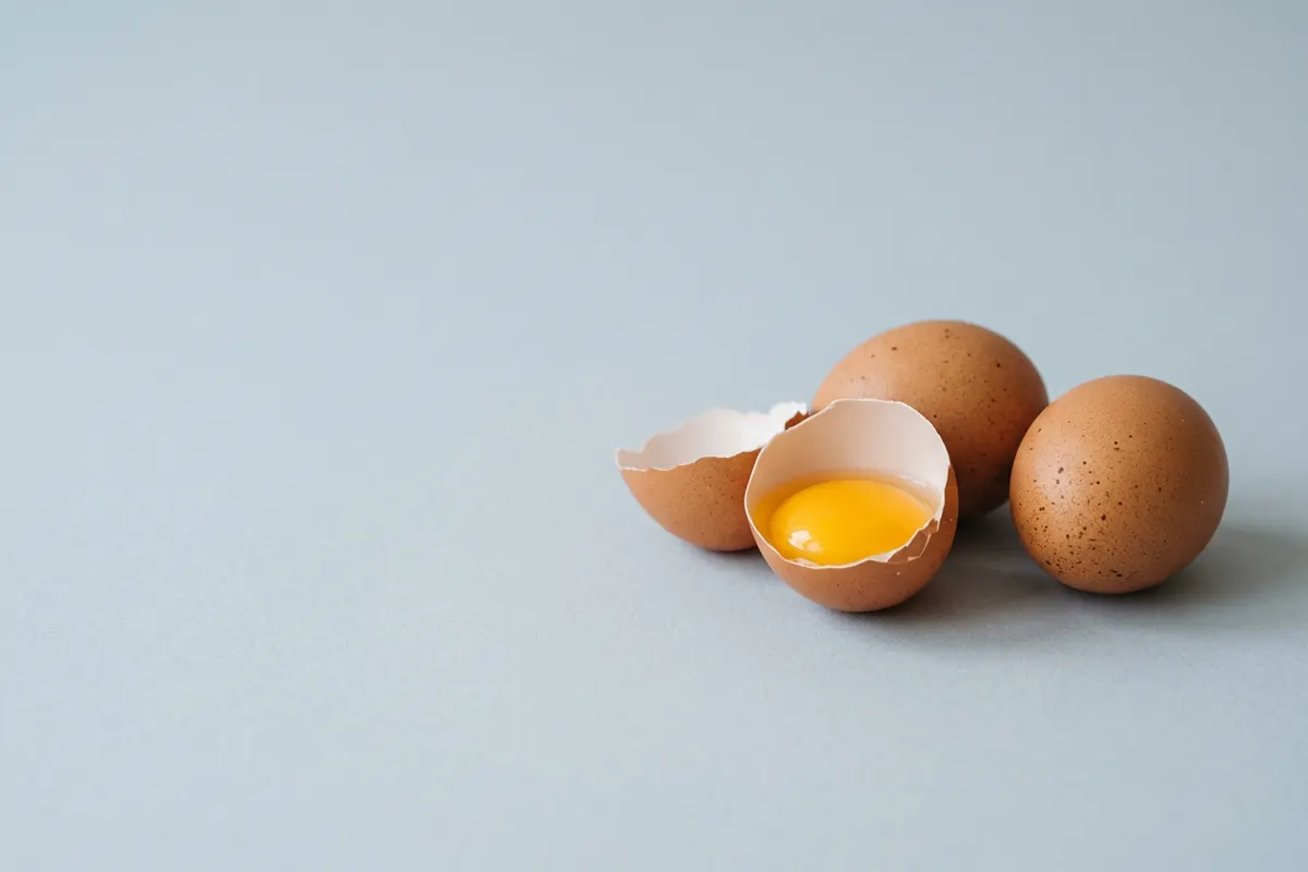 Three brown eggs, one cracked open