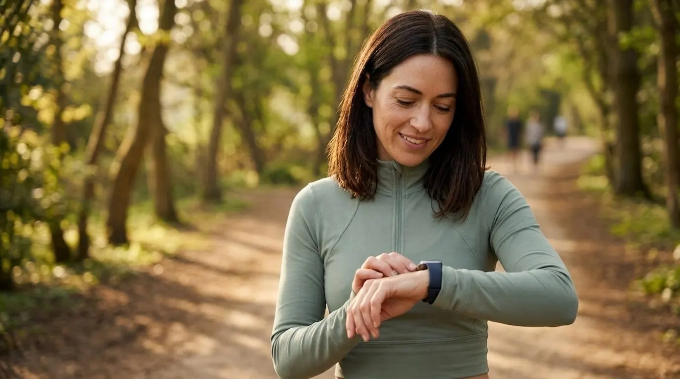 Client reviewing her training and activity data on a smartwatch mid-walk