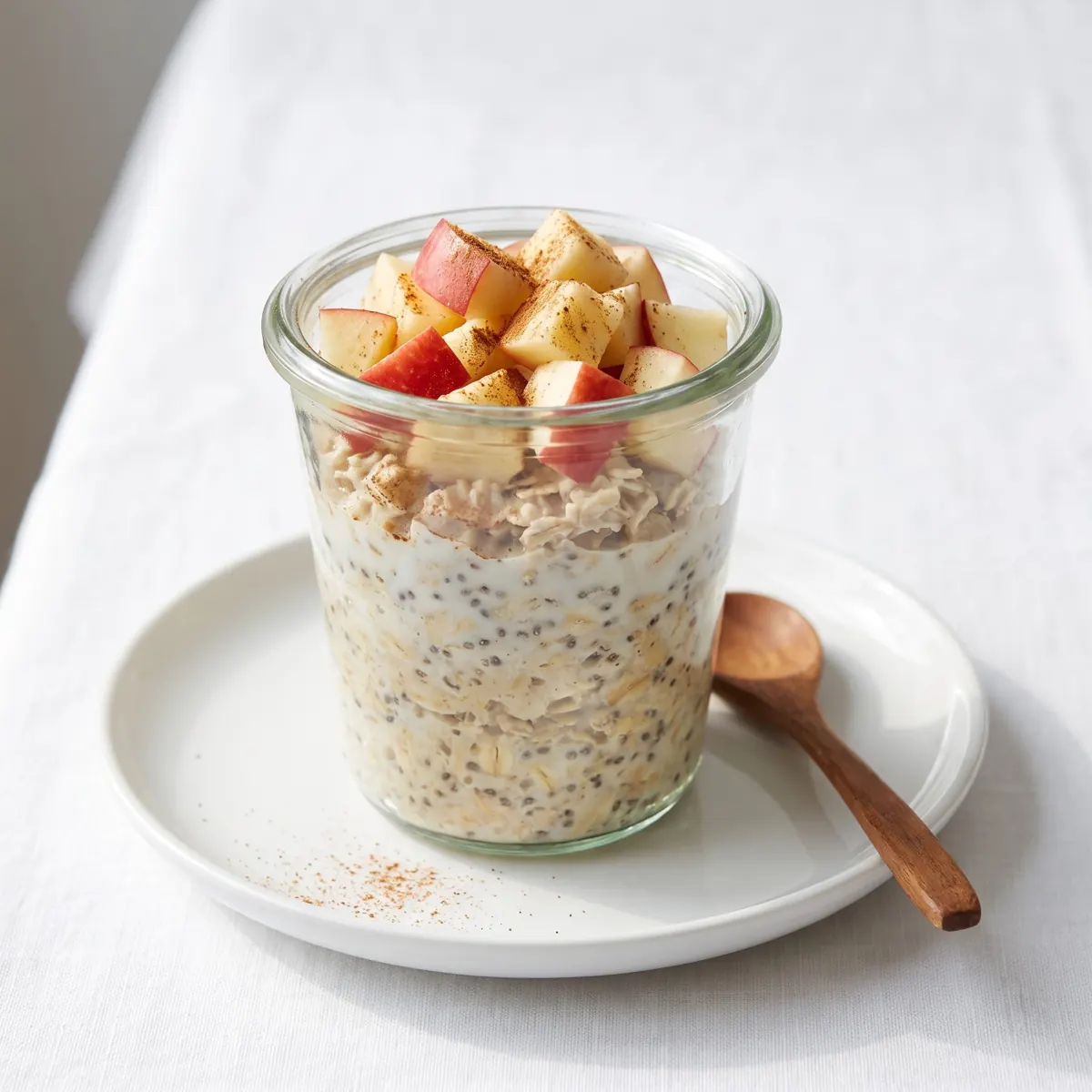 A glass jar of overnight oats with chia seeds, topped with diced red apple and cinnamon, beside a wooden spoon