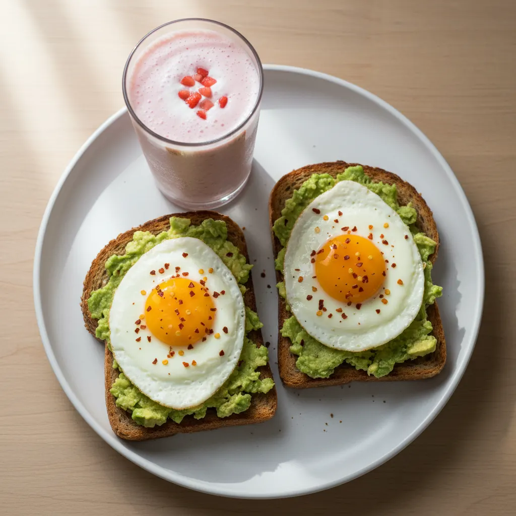 Two slices of whole wheat toast topped with mashed avocado, a fried egg and chili flakes on a white plate