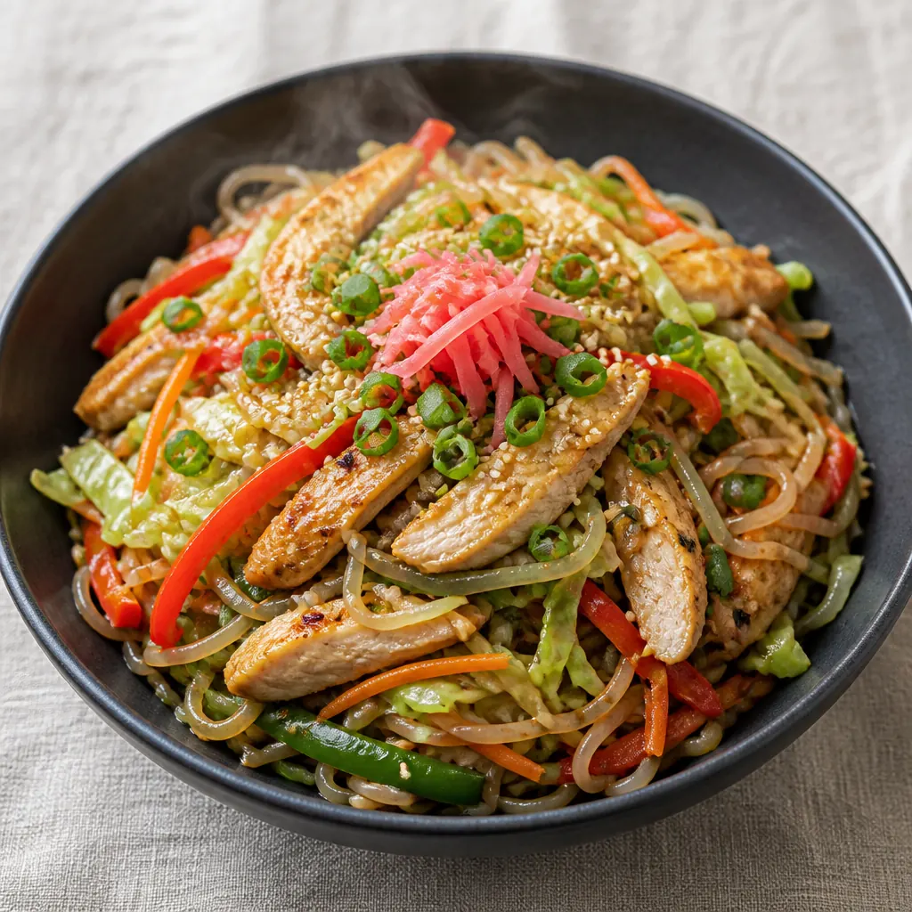 Dark bowl of clear konjac noodles stir-fried with sliced chicken, cabbage, carrot and red pepper strips, topped with green onion, pink pickled ginger and sesame seeds on a linen cloth