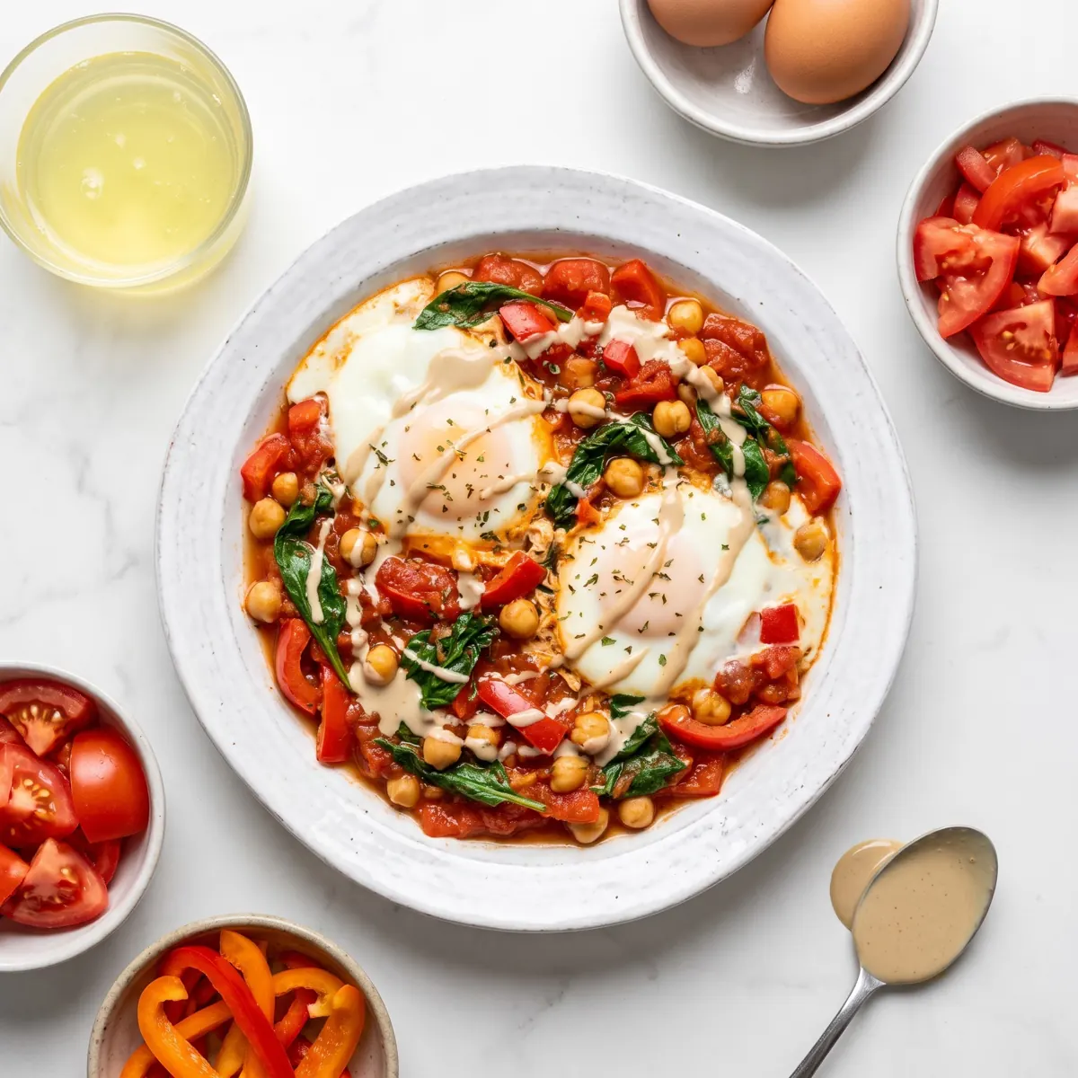 A shallow white bowl of shakshuka with eggs, chickpeas, spinach and red peppers in a spiced tomato sauce