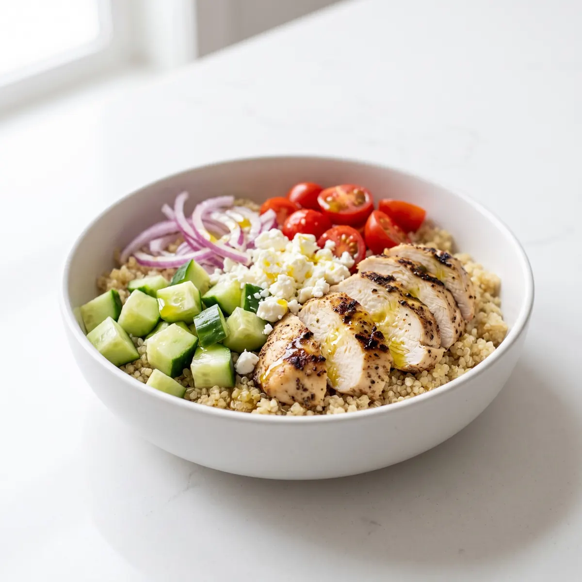 Sliced grilled chicken over quinoa with cucumber, cherry tomatoes, red onion and crumbled feta in a white bowl