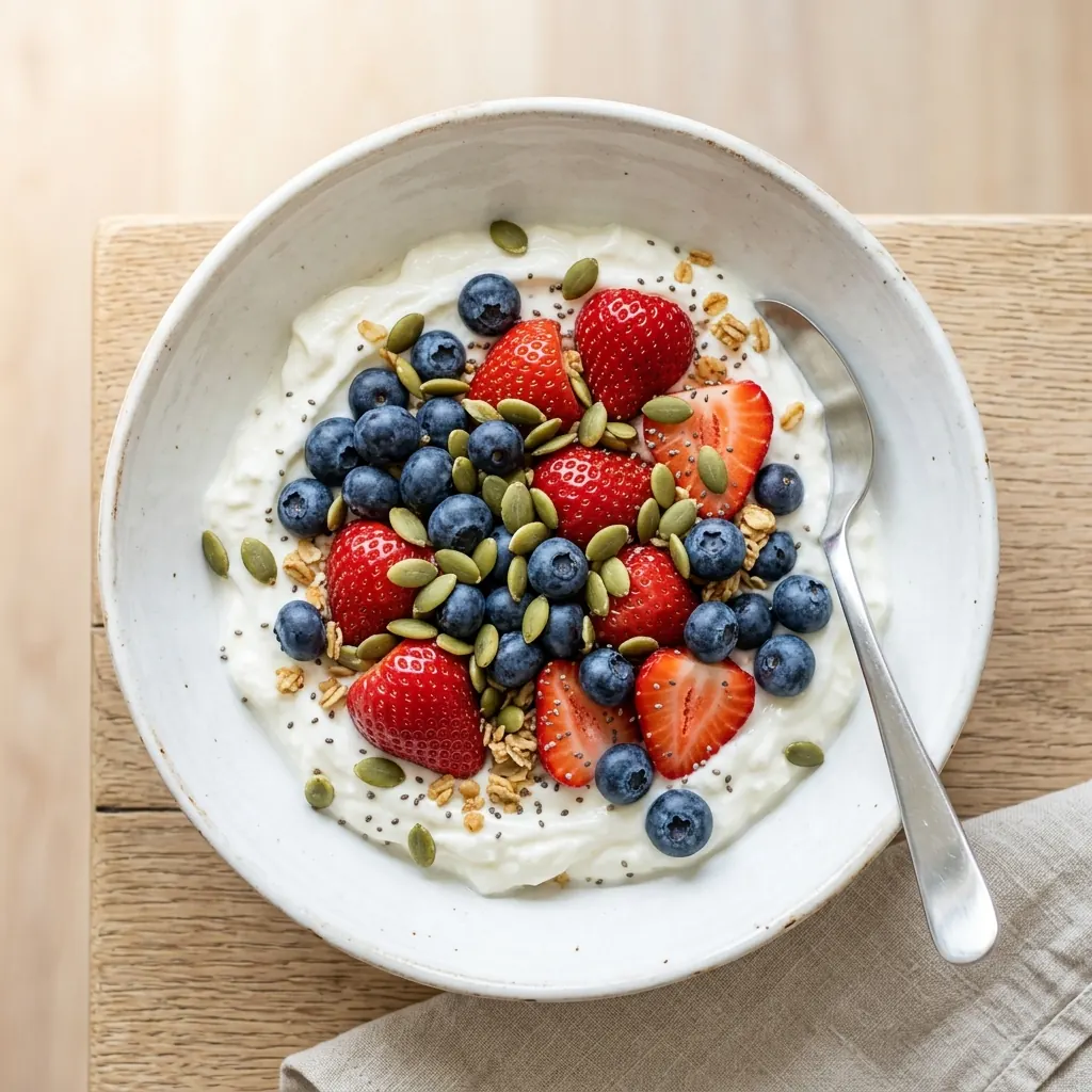 White bowl of thick yogurt seen from above, topped with blueberries, halved strawberries, pumpkin seeds, chia seeds and a little granola, with a spoon on a wooden board