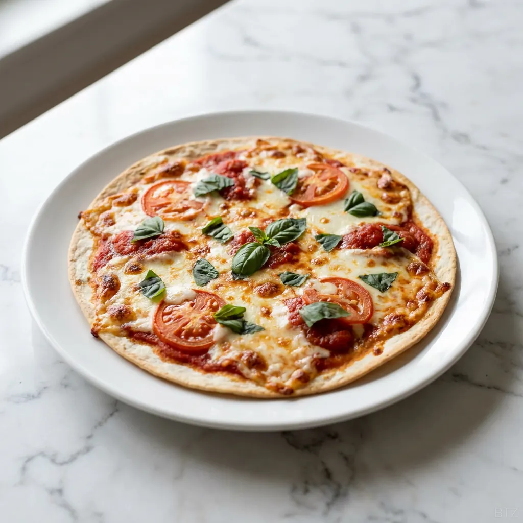 Whole thin tortilla pizza with tomato sauce, melted mozzarella, tomato slices and fresh basil leaves on a white plate on a marble counter