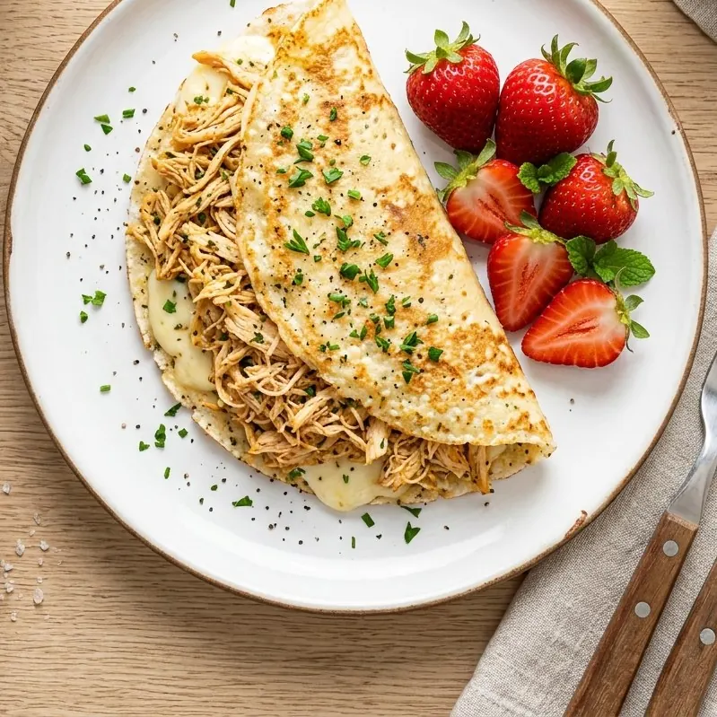 Golden tapioca crepe folded over shredded chicken and melted cheese, sprinkled with parsley, with fresh strawberries on a white plate